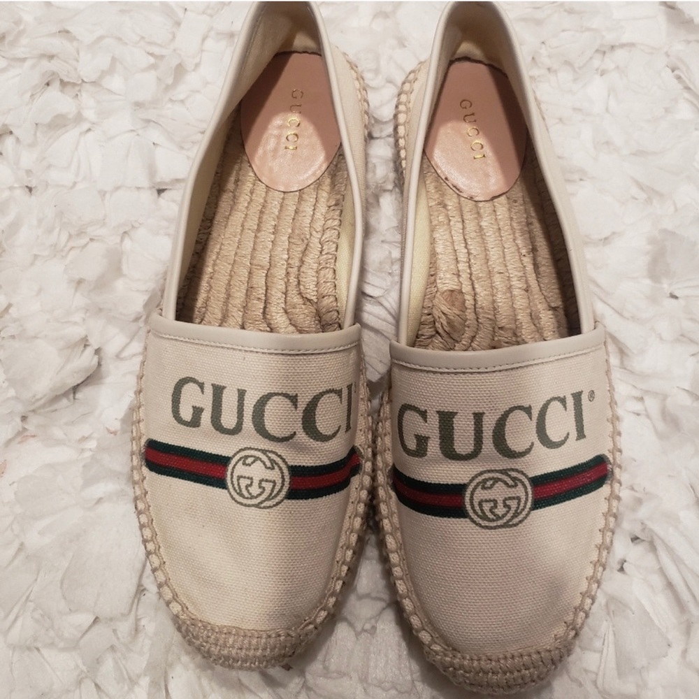 GUCCI

Leather-trimmed logo-print canvas espadrill